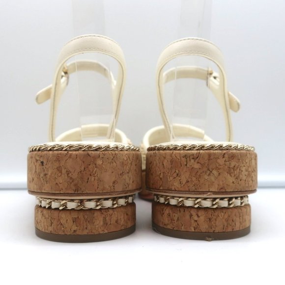 CHANEL CORK PLATFORM SANDALS CREAM CHAIN-TRIM LEATHER SIZE 37.5 CC ANKLE STRAP - Picture 8 of 12